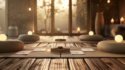 Tranquil Yoga Studio with Business Cards on Bamboo Floor Meditation Cushions and Softly Glowing Candles Serene Wellness Space for Mindful Practice and Relaxation