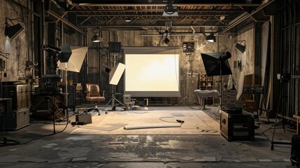 Fototapeta premium Professional Networking on Stage Blank Business Cards Amidst Theatrical Props and Lighting Equipment