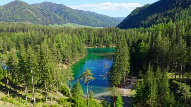 Gr&uuml;ner See in Spring, Styria, Austria, Drone Footage, Aerial View