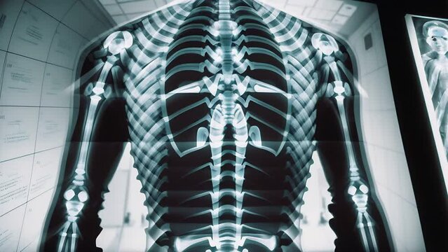 X-ray of a human body revealing skeletal and internal organ details