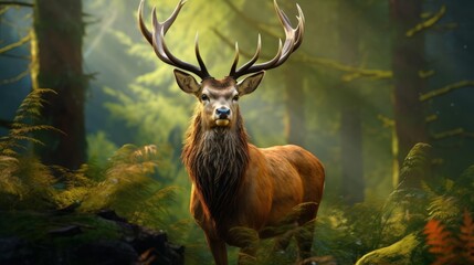 Fototapeta premium Graceful deer standing in a lush green forest, sunlight filtering through the trees, detailed fur and antlers. 