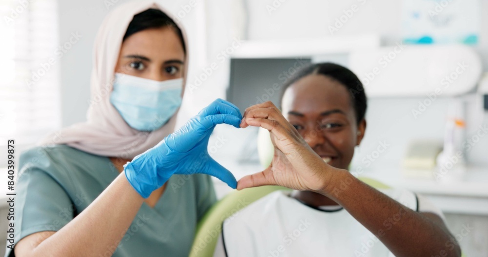 Canvas Prints Woman, dentist and face with hands in heart shape for love or happiness for teeth result, tooth doctor and patient with gesture for support. Orthodontist, client and together for oral care with emoji