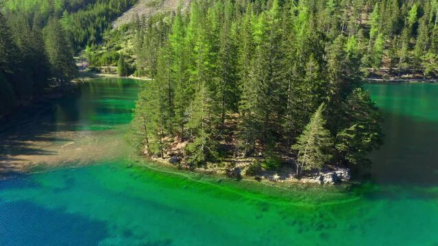 Gr&uuml;ner See in Spring, Styria, Austria, Drone Footage, Aerial View