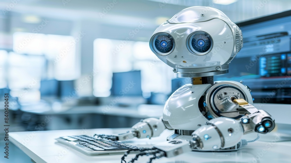 Poster happy customer service robot at computer in office with blurred background, copy space
