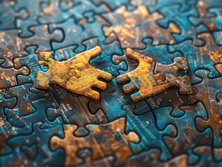 Close-up of two puzzle pieces shaped like hands, with a textured, weathered look, against a background of colorful, partially assembled puzzle pieces.