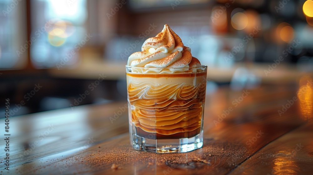 Poster a close-up image of a dessert in a glass, with a sharp focus, set on a plain table against a blurred