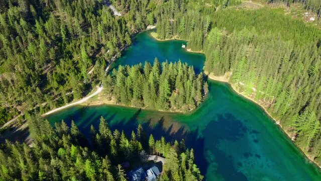 Gr&uuml;ner See in Spring, Styria, Austria, Drone Footage, Aerial View