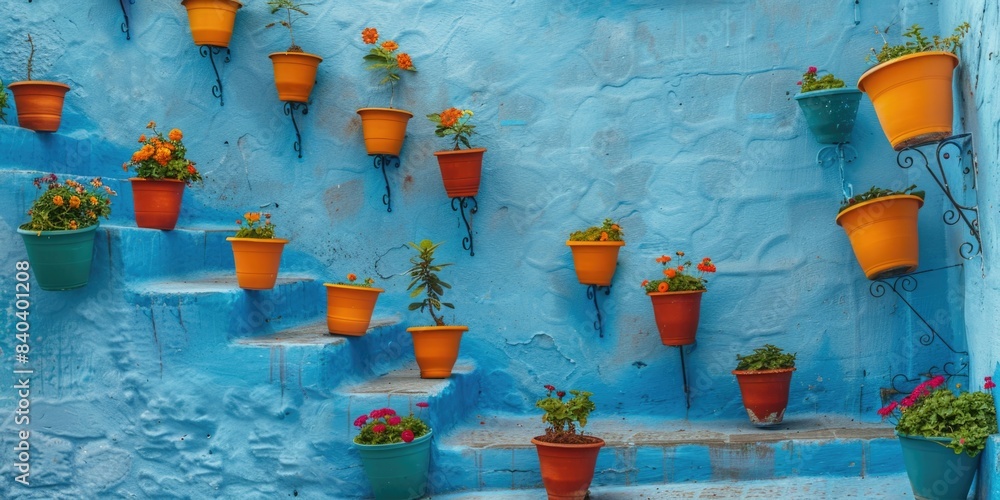 Wall mural Indoor plant arrangement with multiple pots and a blue background