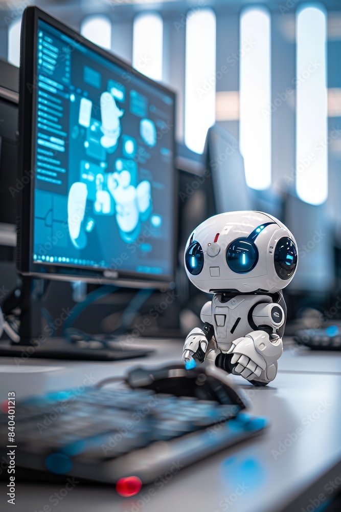 Aufkleber cheerful customer service robot at work with computer in blurred office background, space for text