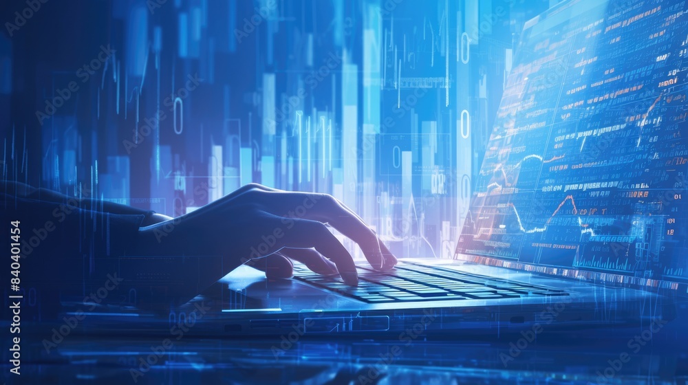 Wall mural Detailed shot of hands on a keyboard, illuminated by glowing light effects, with binary code sequences and stock graph visuals integrated into the scene, symbolizing digital finance.