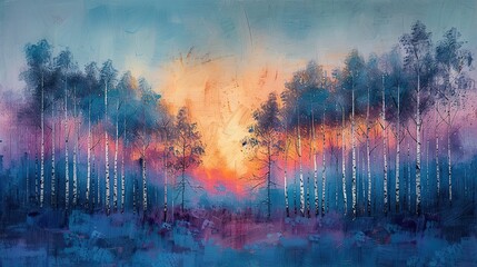 drawing abstract landscape of a birch forest in oils.illustration
