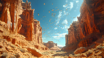 A serene nature canyon scene with a variety of bird species flying above the cliffs