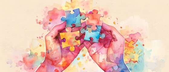 Colorful artistic illustration of hands holding puzzle pieces, symbolizing connection, creativity, and problem-solving in vibrant watercolor style.
