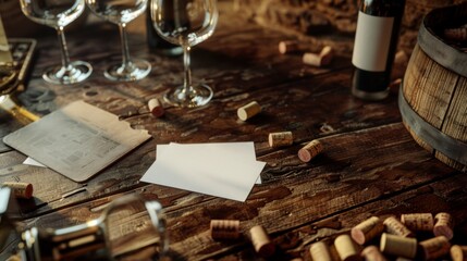 Wine Tasting Essentials Vintage Corks Glasses and Business Cards on a Sommelier's Desk