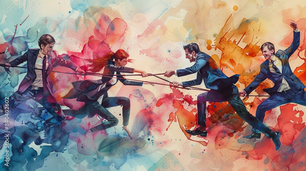 Wall mural Colorful watercolor painting depicting businesspeople pulling ropes in a competitive tug of war against an abstract background. - Wall murals