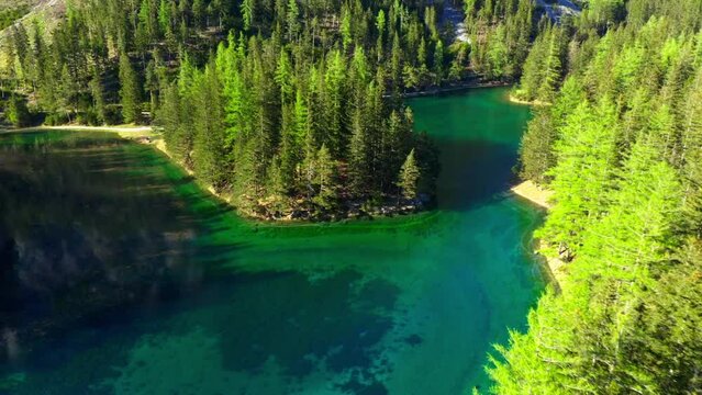 Gr&uuml;ner See in Spring, Styria, Austria, Drone Footage, Aerial View