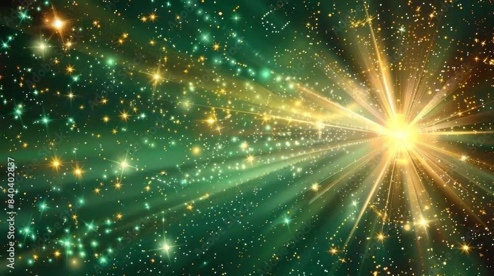 Poster vibrant green light burst with sparkling rays on dark backdrop, creating captivating display