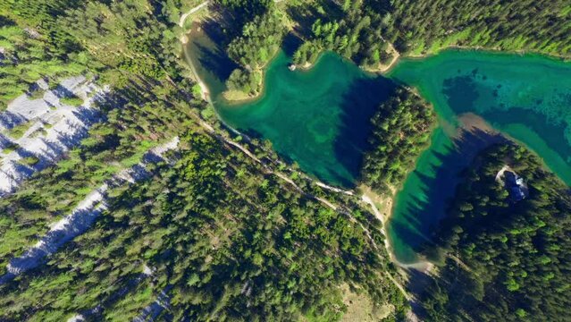 Gr&uuml;ner See in Spring, Styria, Austria, Panoramic View, Drone Footage