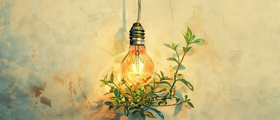 Illuminated lightbulb with green plants growing around it against a rustic wall background, symbolizing eco-friendly and sustainable energy.