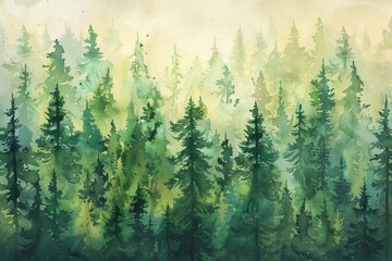 Stunning watercolor painting of a dense evergreen forest shrouded in mist. Green hues dominate this serene and captivating landscape artwork.