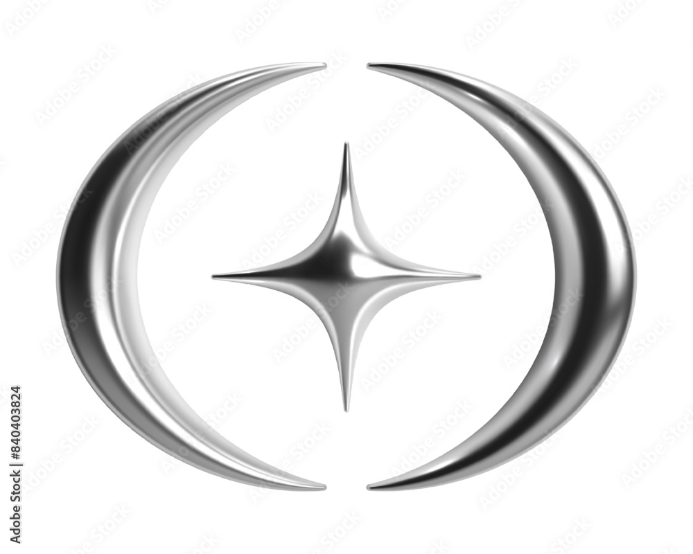 Aufkleber 3d chrome abstract star flanked two crescent shapes. shiny metallic silver surface in y2k style. iso
