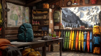 Fototapeta premium Explore Your Next Adventure Adventure Gear Rental Shop with Maps Camping Gear and Kayaks Blank Business Cards Ready for Your Next Journey
