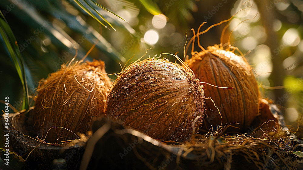 Poster a group of coconuts atop hay with verdant trees in the background