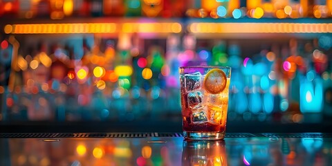 Vibrant cocktails on bar counter with blurred bottle shelves in the background. Concept Cocktails, Bar Counter, Bottle Shelves, Vibrant Colors, Blurred Background
