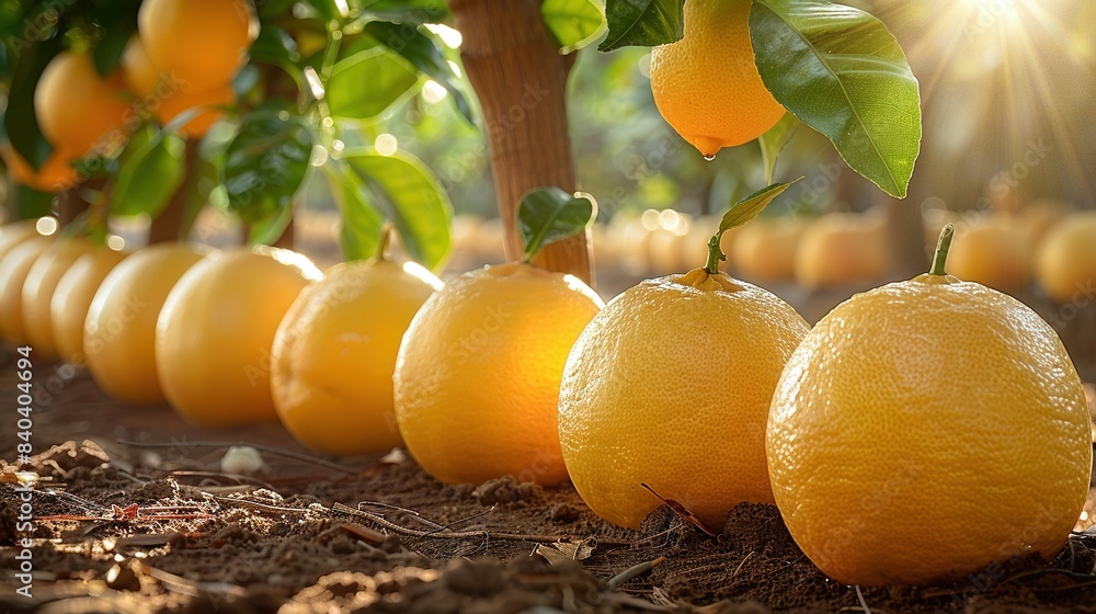 Poster a row of lemons resting on the ground beside a cluster of lemons on a tree