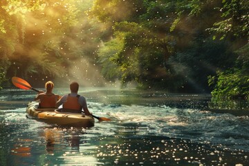 Two people paddling a kayak down a river, calm water and surrounding nature