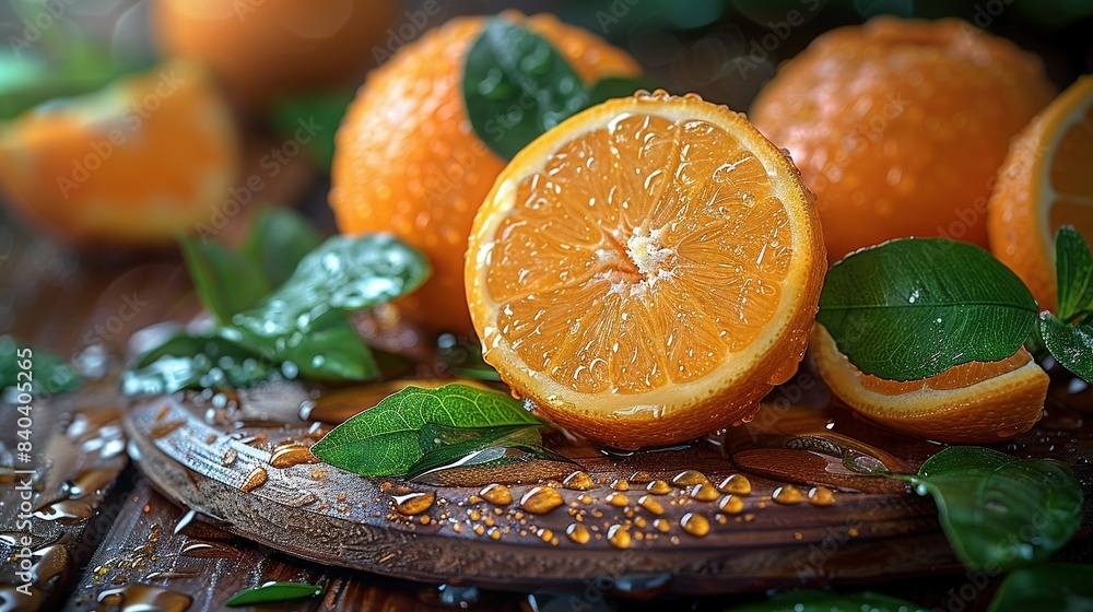Poster a cluster of oranges arranged on a wooden chopping block with foliage and kernels nearby