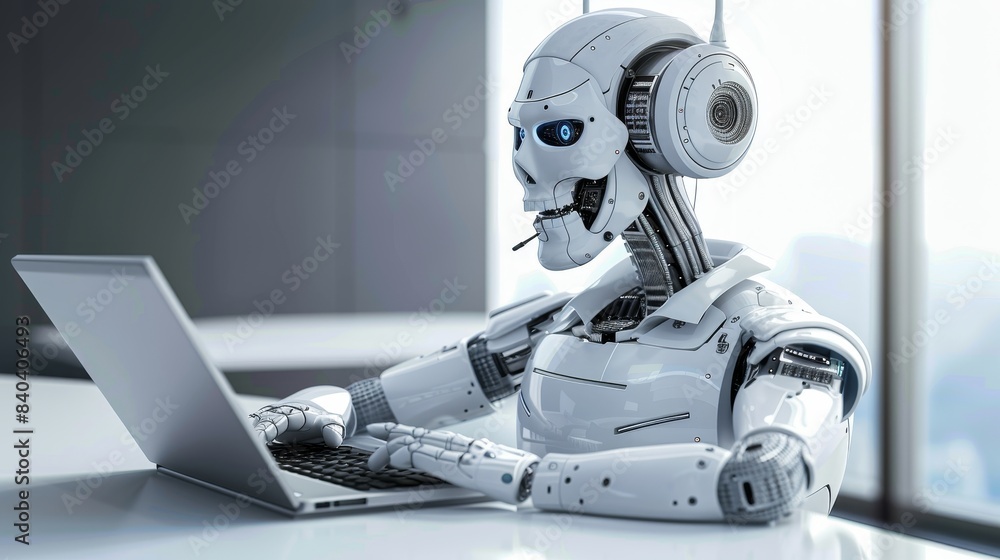 Poster cheerful customer service robot using computer in blurred office background with space for text