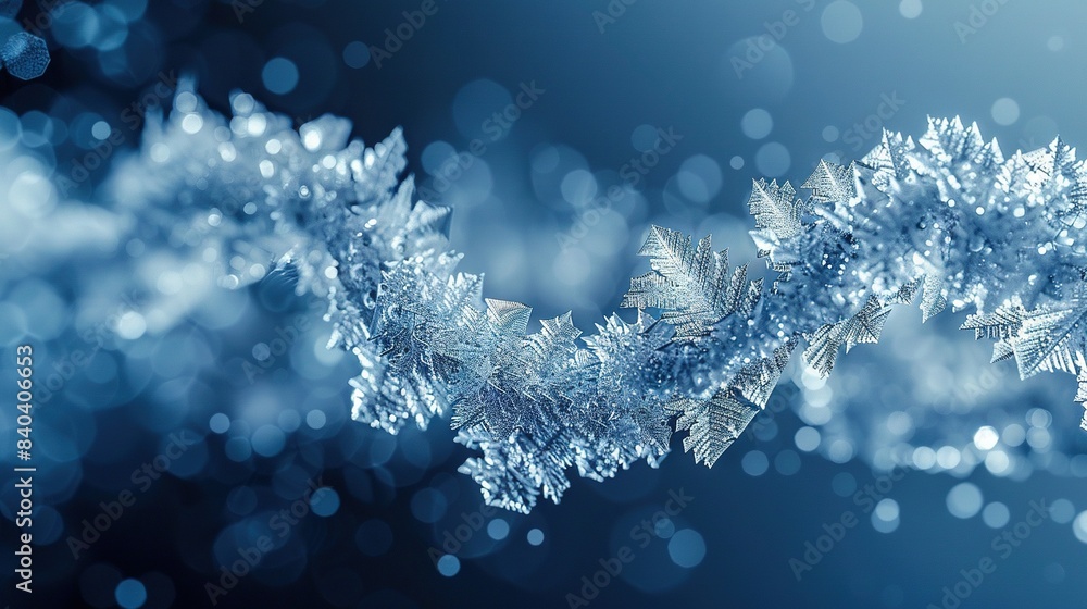 Poster a close-up of a snowflake-covered tree branch with blurred background lighting