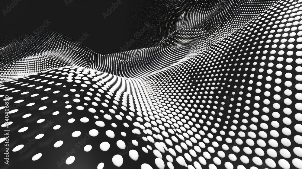 Poster a close-up shot of a wave-like pattern made up of small dots in shades of gray and white