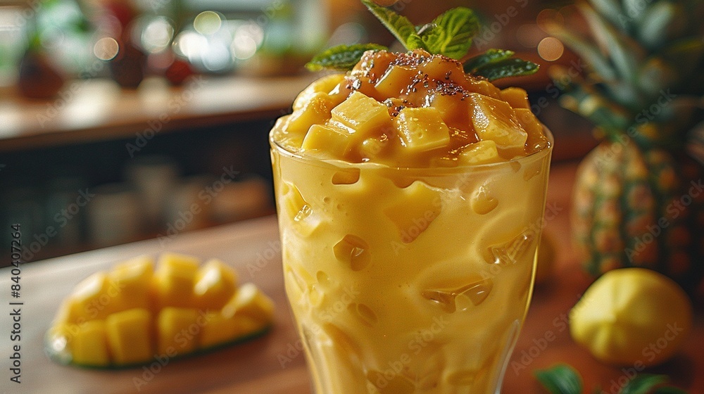 Poster a close-up of a drink in a glass on a table surrounded by pineapples in the foreground and backgroun