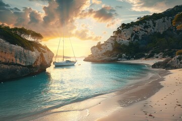 A picture of a calm beach with a boat floating on the water during sunset - Powered by Adobe