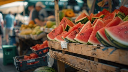 Fresh watermelon slices on a rustic wooden stand at a busy outdoor market