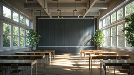 3d rendering of modern school classroom interior with blackboard and desks in the morning light. The concept for education, training or class room