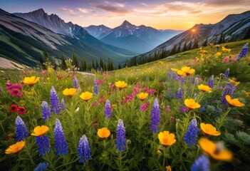 Fototapeta premium vibrant wildflowers blossoming mountain meadow landscape, scenic, flora, environment, summertime, picturesque, botany, growth, field, countryside, plant, natural