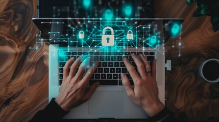 Hands interacting with a laptop keyboard with emerging padlock graphics symbolizing network security and data safety.