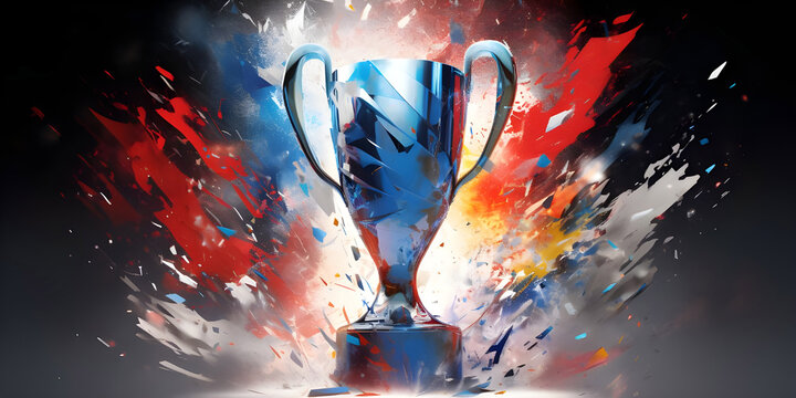 A trophy with a blue, white and red background like the colors of the French flag. Celebrate Olympic victory in dynamic style.