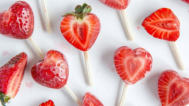 Heart-Shaped Strawberry Pie Pops Homemade Delight on White Background.