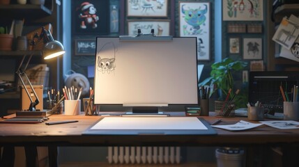 Digital Artist's Workspace Blank Business Cards Drawing Tablet and Character Sketches for Animation Portfolio