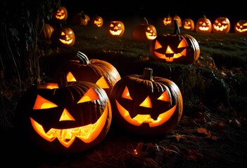 eerie jack lanterns illuminating darkness halloween decoration spooky pumpkin lights, creepy, glowing, shadows, festive, flickering, mysterious, frightening