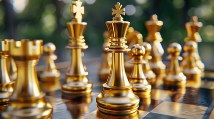 Close-up view of golden chess pieces on a wooden chess board