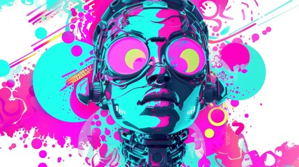 Digital illustration featuring a neon cyberpunk android