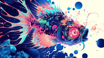 Fototapeta premium Digital illustration featuring a bioluminescent deep sea angler fish