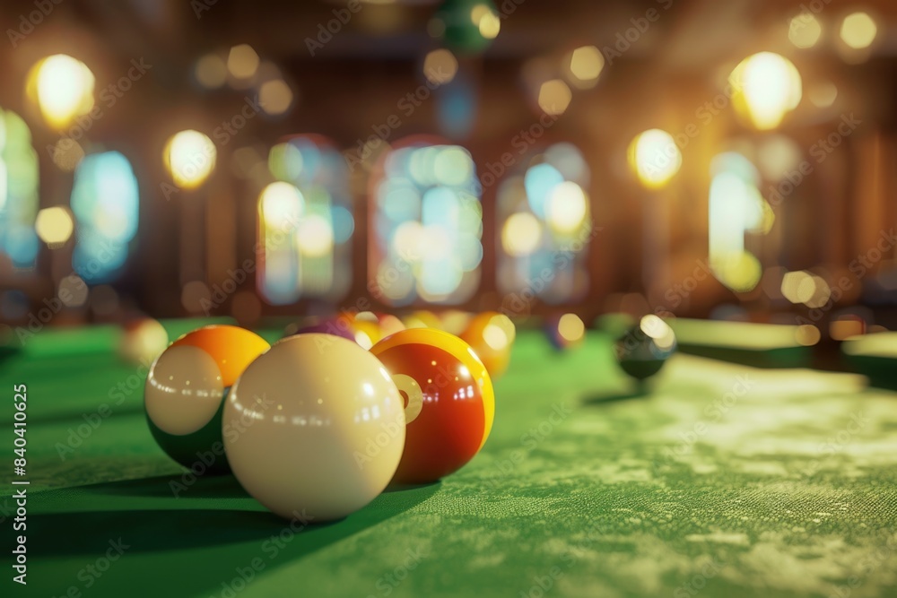 Poster a pool table with several colorful pool balls arranged artfully on its surface