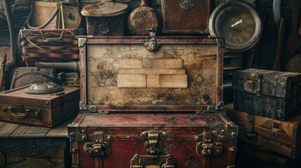 Vintage Trunk Antique Collectors Display with Blank Business Cards and Collectibles Nostalgic Elegant and Timeless Stock Image for Marketing Design and Promotion