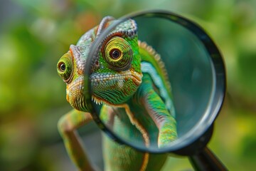 A chameleon looks at something closely using its magnifying glass-like tongue,